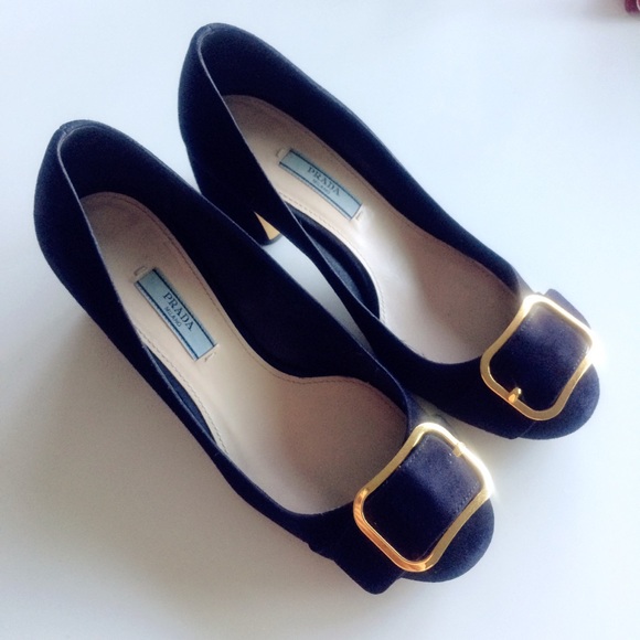 Prada Blue Suede Brass Buckle Block Heel Pumps - Picture 2 of 6